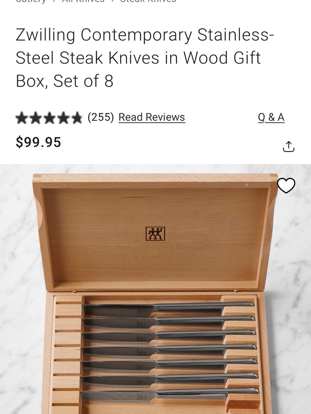 Zwilling Stainless Steel Steak Knife Set with Wood Box - Silver